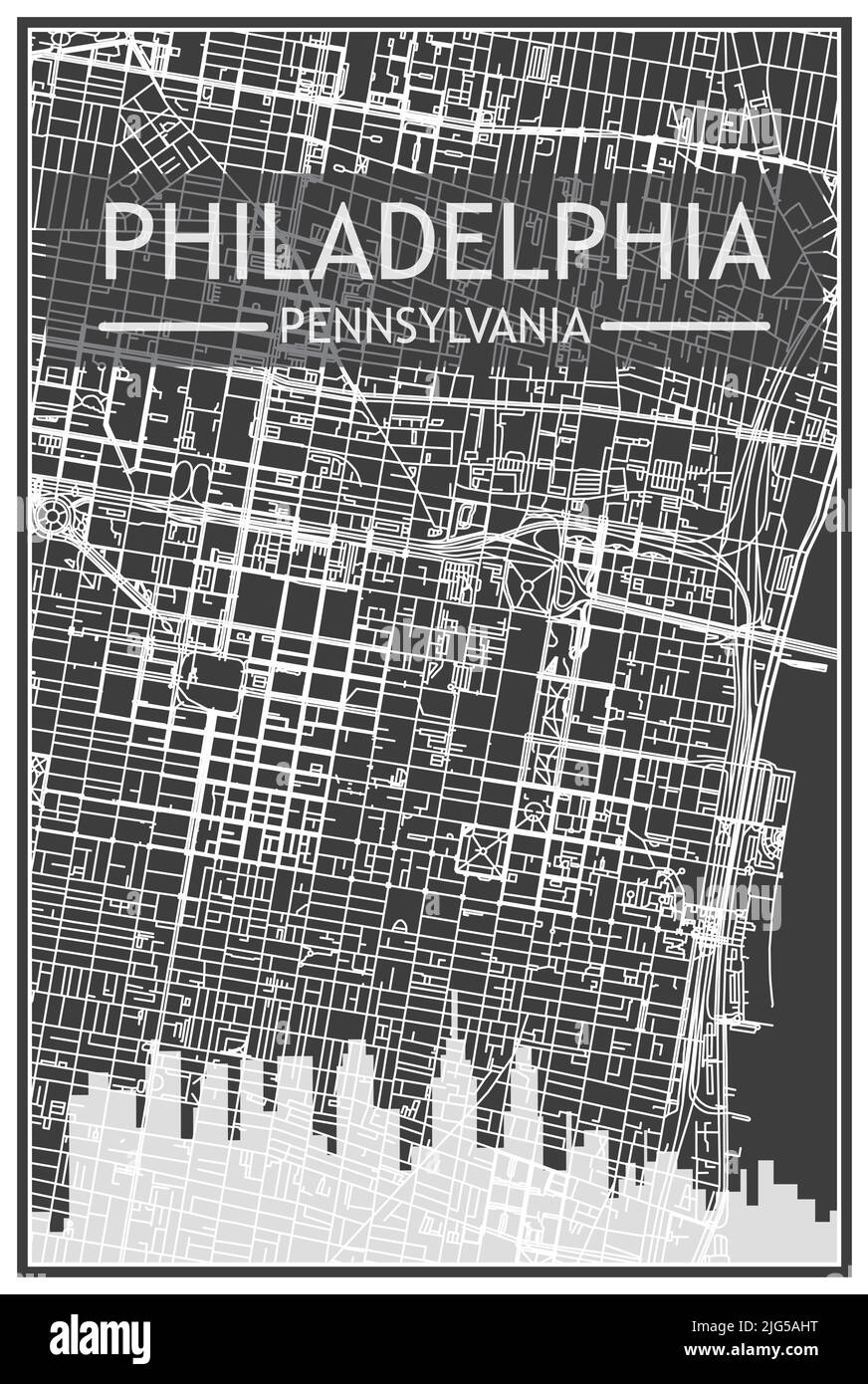 Dark printout city poster with panoramic skyline and streets network on ...