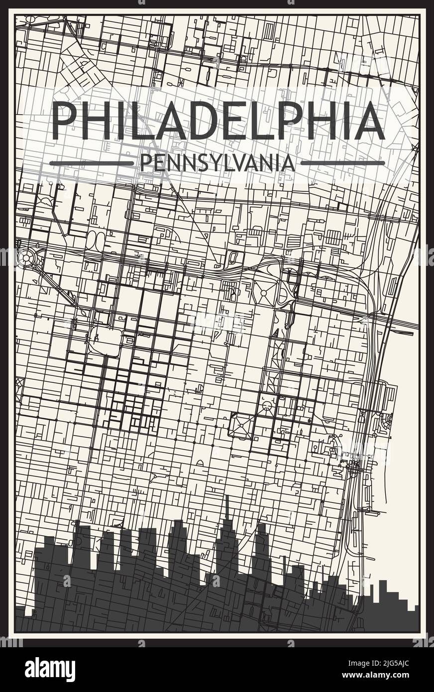 Light printout city poster with panoramic skyline and streets network on vintage beige background of the downtown PHILADELPHIA, PENNSYLVANIA Stock Vector