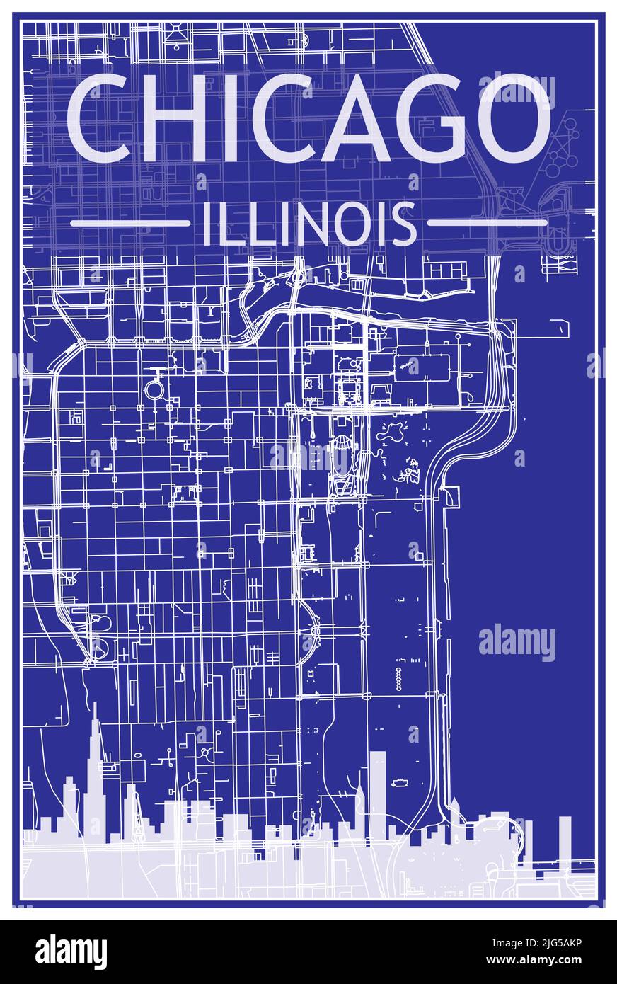 Technical drawing printout city poster with panoramic skyline and streets network on blue background of the downtown CHICAGO, ILLINOIS Stock Vector