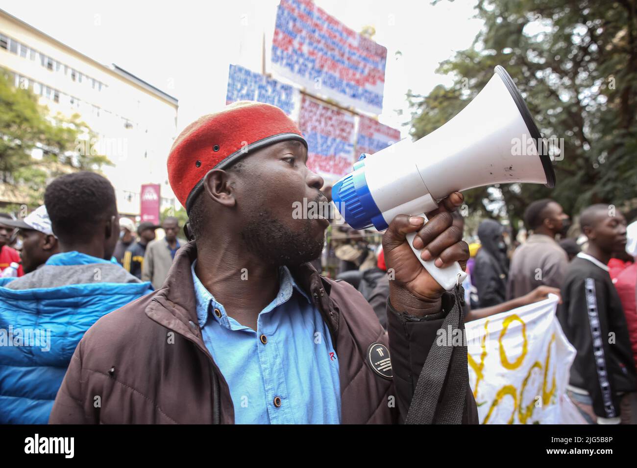 Nairobi, Kenya. 07th July, 2022. A Kenyan man shouts slogans during a march to decry the high cost of living on Saba Saba Day. Kenyan activists from the Social Justice Centres Working Group organised the march on the streets of Nairobi with the purpose of drawing the government's attention to the high cost of living being faced by Kenyans. Saba Saba day commemorates multi-party democracy protests and government crackdown in the 1990s. Credit: SOPA Images Limited/Alamy Live News Stock Photo