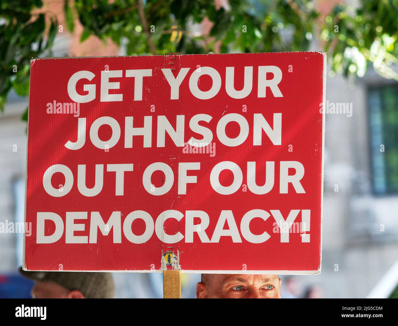 View of a placard following the resignation of Prime Minister Boris Johnson on 7 July 2022 Stock Photo