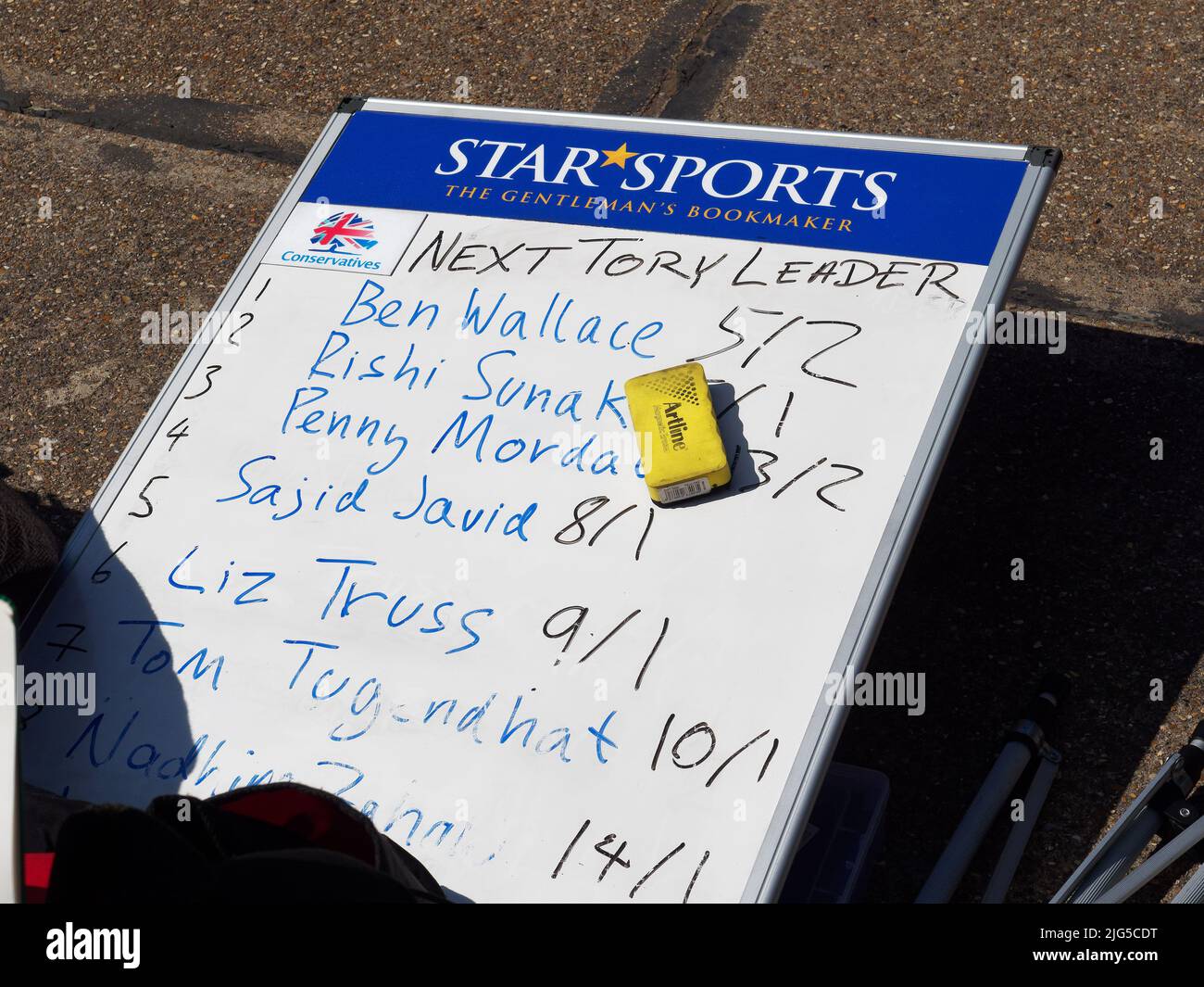 A board with betting odds on candidates for the next Conservative Leader following the resignation of Prime Minister Boris Johnson on 7 July 2022 Stock Photo