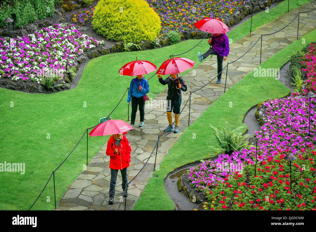 People with red umbrellas, Sunken Garden, Butchart Gardens, Brentwood Bay, Greater Victoria, British Columbia, Canada Stock Photo