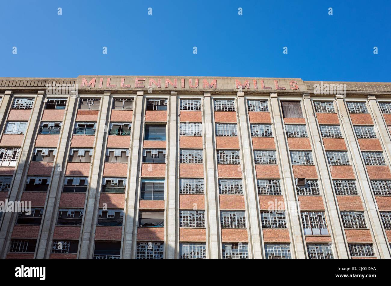 Millennium Mills facade, a derelict flour mill on the Royal Docks in