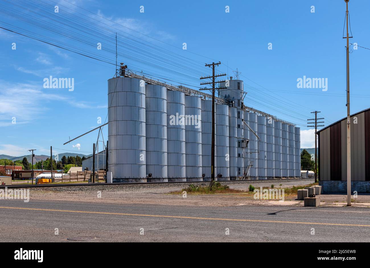 Grain elevators and storage facility for distribution in Idaho state. Stock Photo