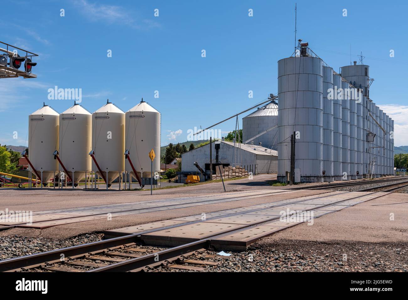Grain elevators and storage facility for distribution in Idaho state. Stock Photo