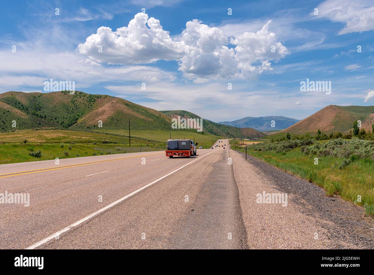 Idaho state freeway Summer travels through a beautiful landscape. Stock Photo