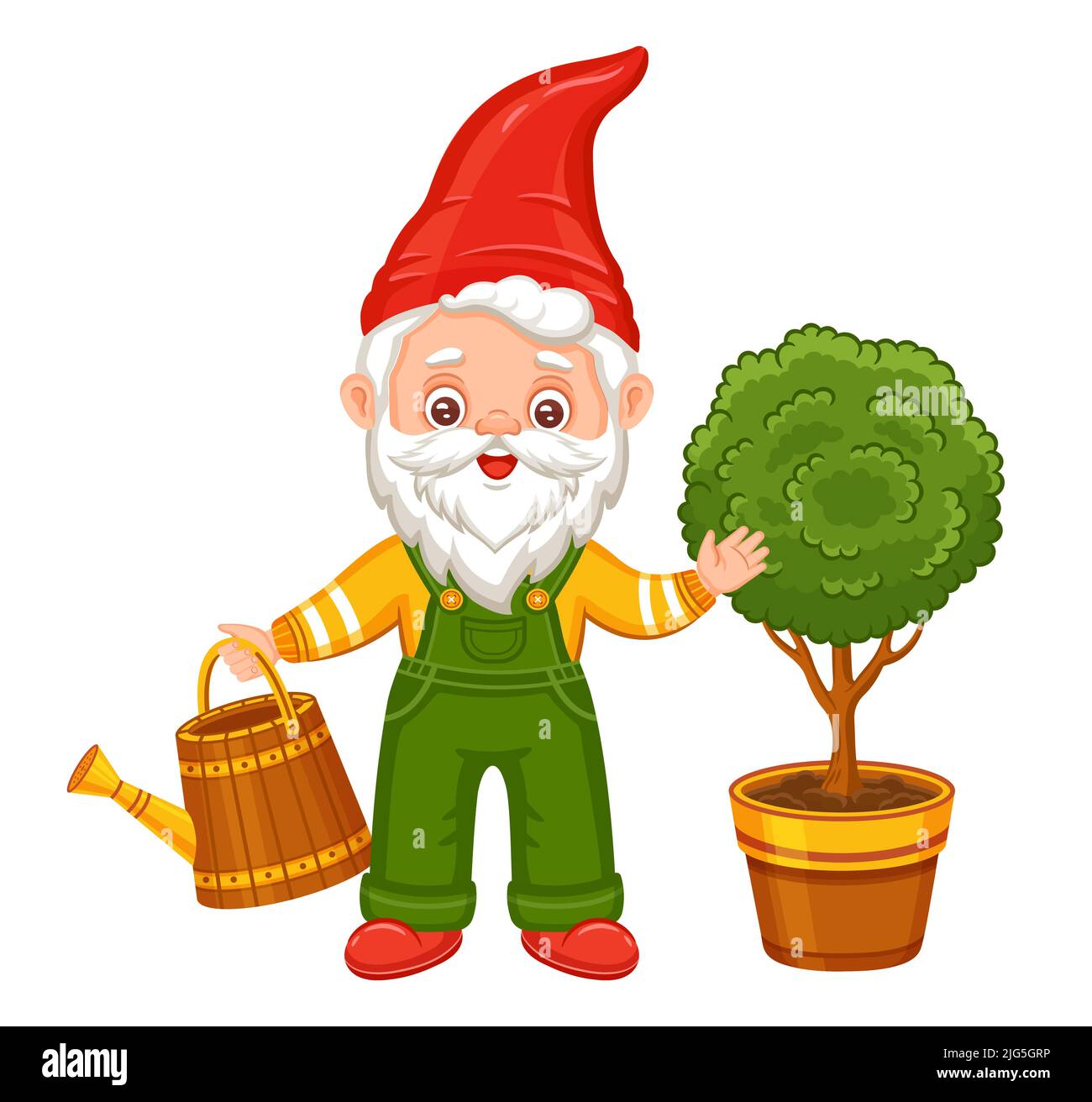 Cute garden gnome, gardener dwarf hold watering can. Little fairytale elf watering plant tree. Magic small old man with beard cartoon character vector Stock Vector