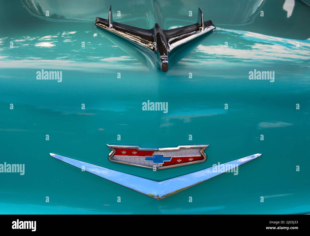 The hood of a 1956 Chevrolet Bel Air on display at a car show in Santa