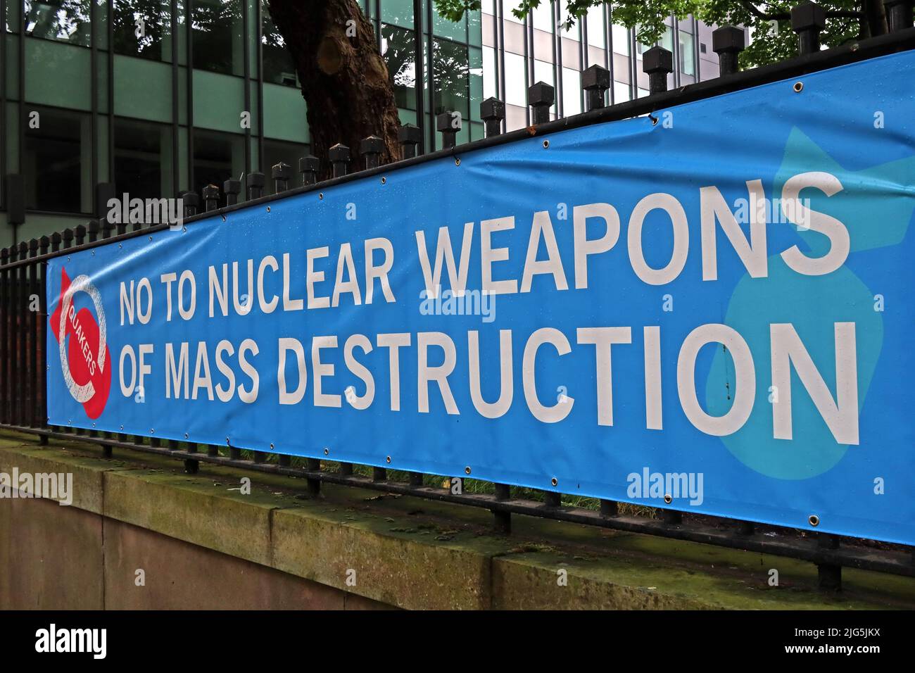Banner - No to nuclear weapons of mass destruction, at Quaker House, Friends meeting house, 6 Mount St, Manchester, England, UK,  M2 5NS Stock Photo