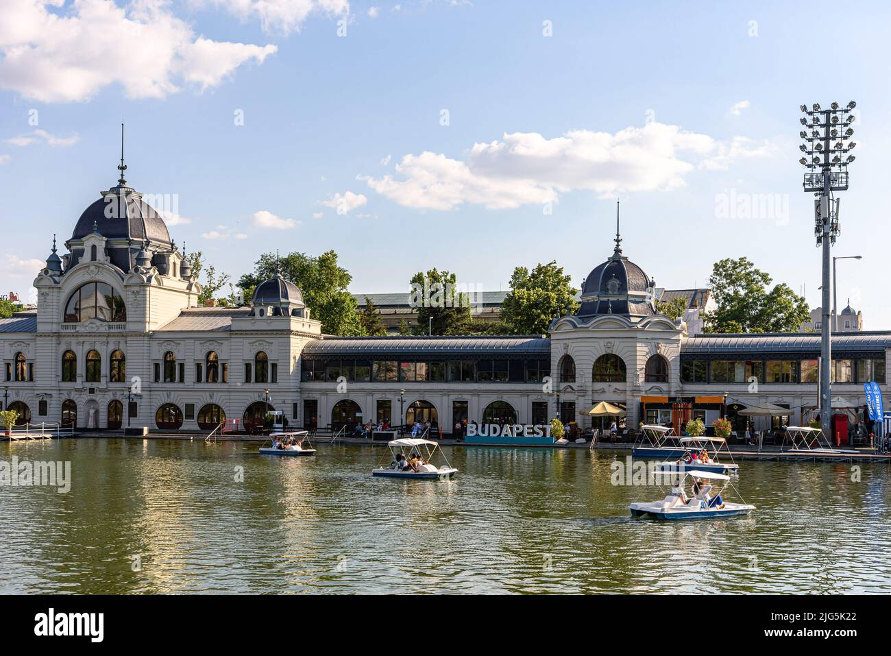 Paddle boats in the lake in Budapest City Park in the summer Stock Photo