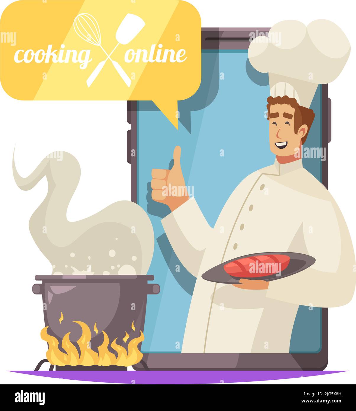 Online Cooking School Concept With Smiling Chef Holding Plate Vector Online Cooking School Concept With Smiling Chef Holding Plate Vector