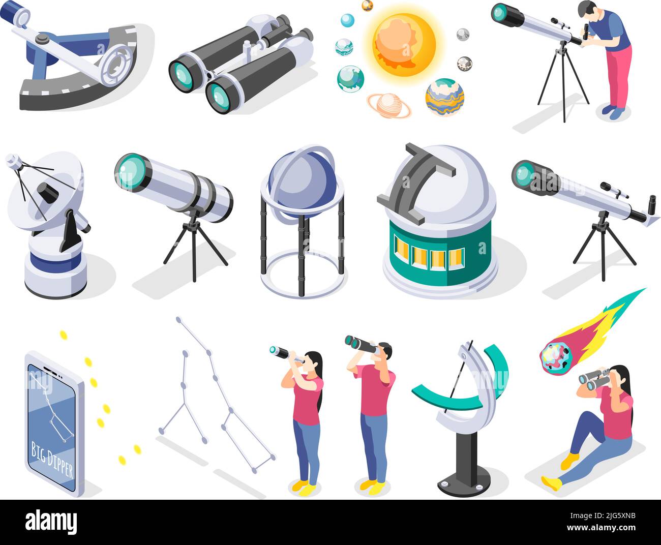 Astronomy isometric recolor set of isolated icons of telescopes radars and various observational facilities with people vector illustration Stock Vector