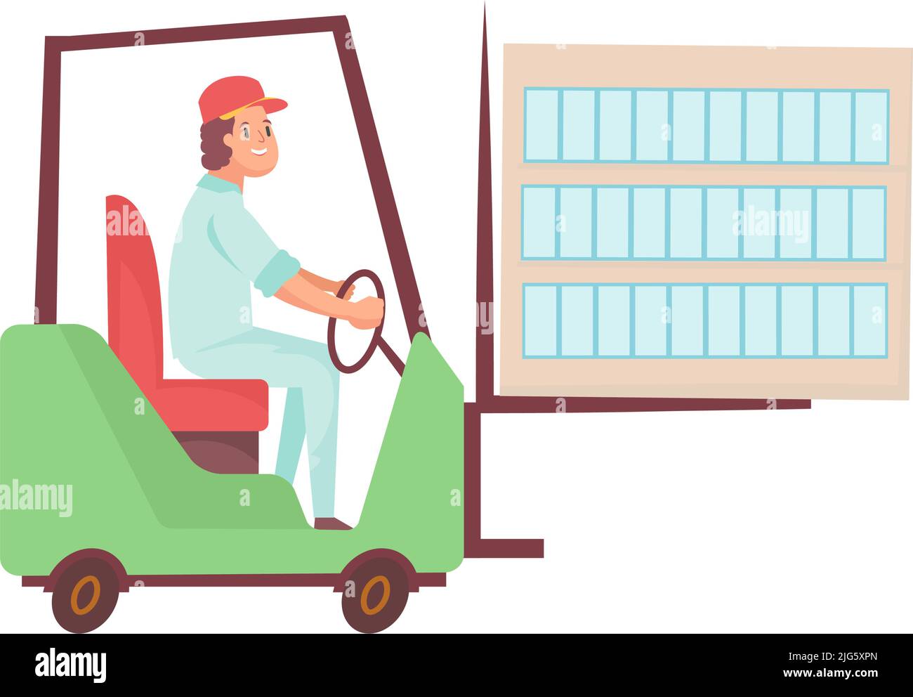Happy worker driving forklift on white background flat vector illustration Stock Vector