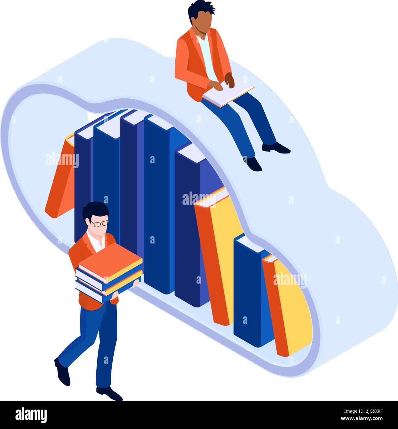 Online library isometric icon with books in cloud and reading people 3d ...
