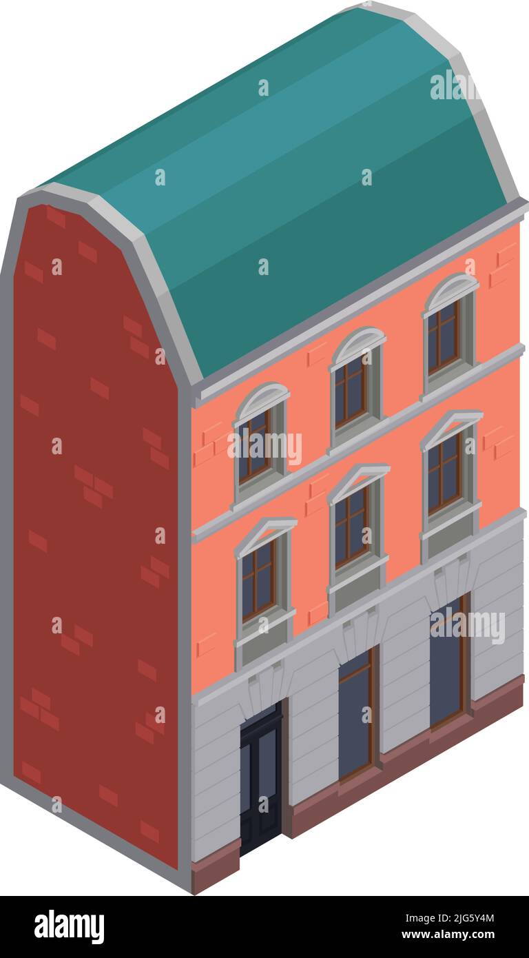 Low rise brick block of flats isometric icon on white background vector
