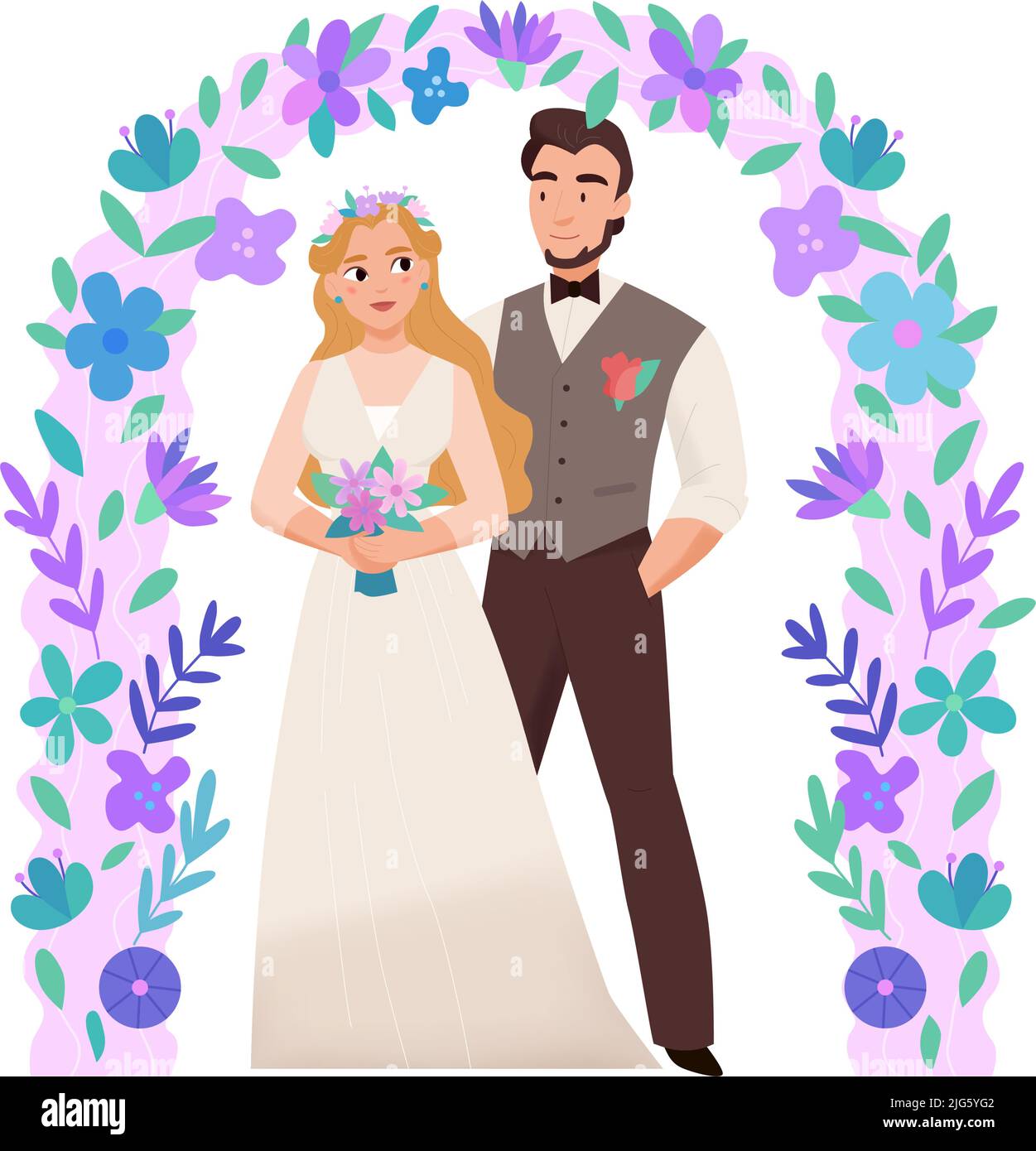 Happy Romantic Just Married Couple. Tiny Couple Of Newlyweds Standing On  Wedding Cake With Rings. Groom Holding Bride In His Hands Cartoon Vector  Illustration Royalty Free SVG, Cliparts, Vectors, and Stock Illustration.