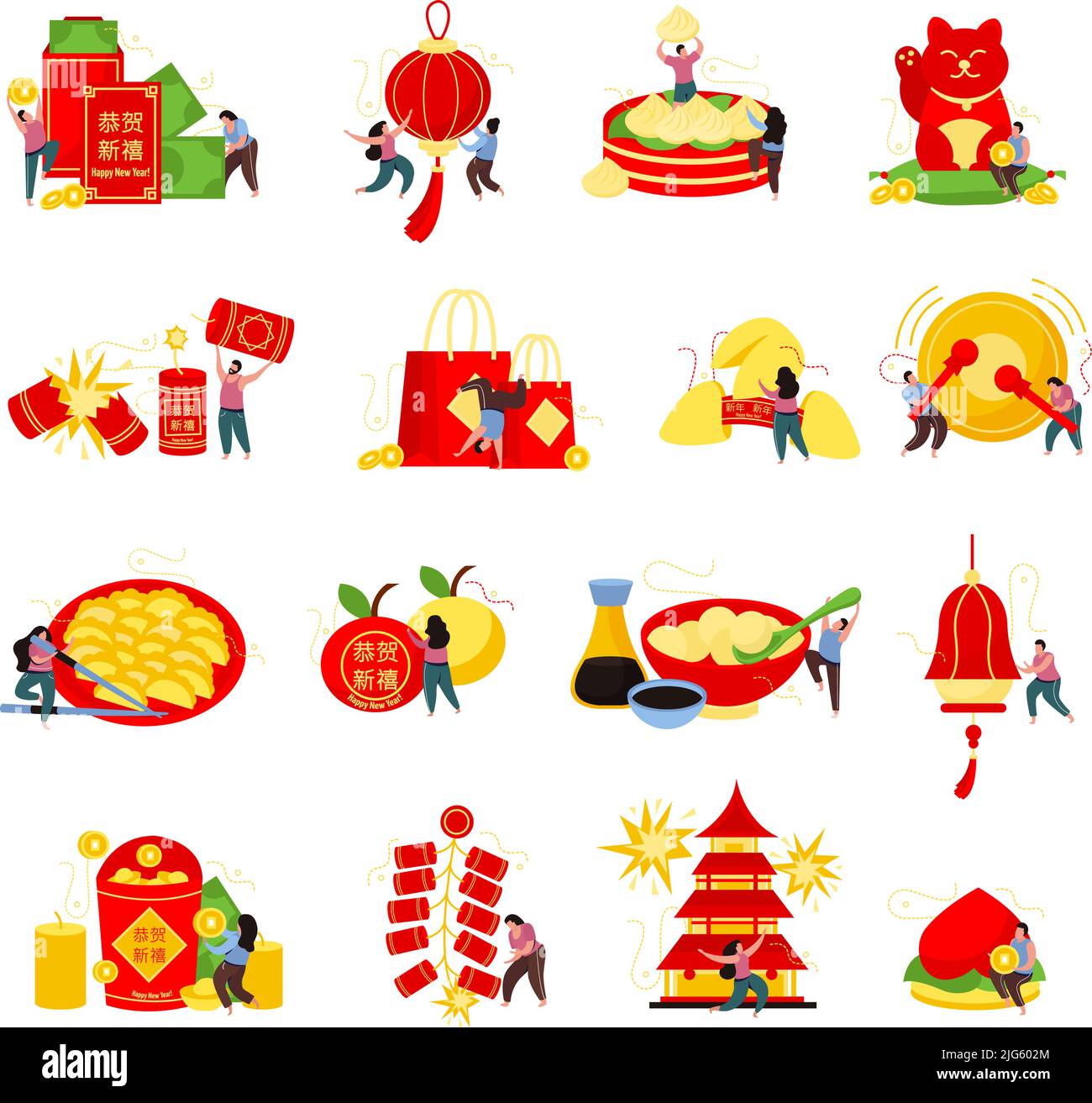Chinese new year flat icons collection with Happy New Year text in ...
