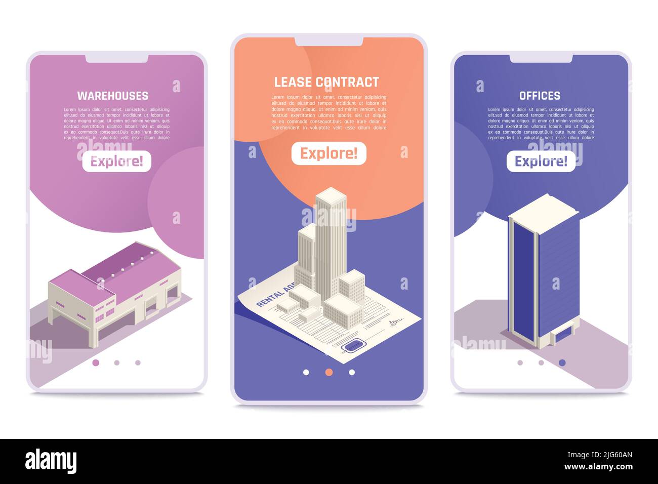 Commercial real estate property 3 isometric mobile screens set with