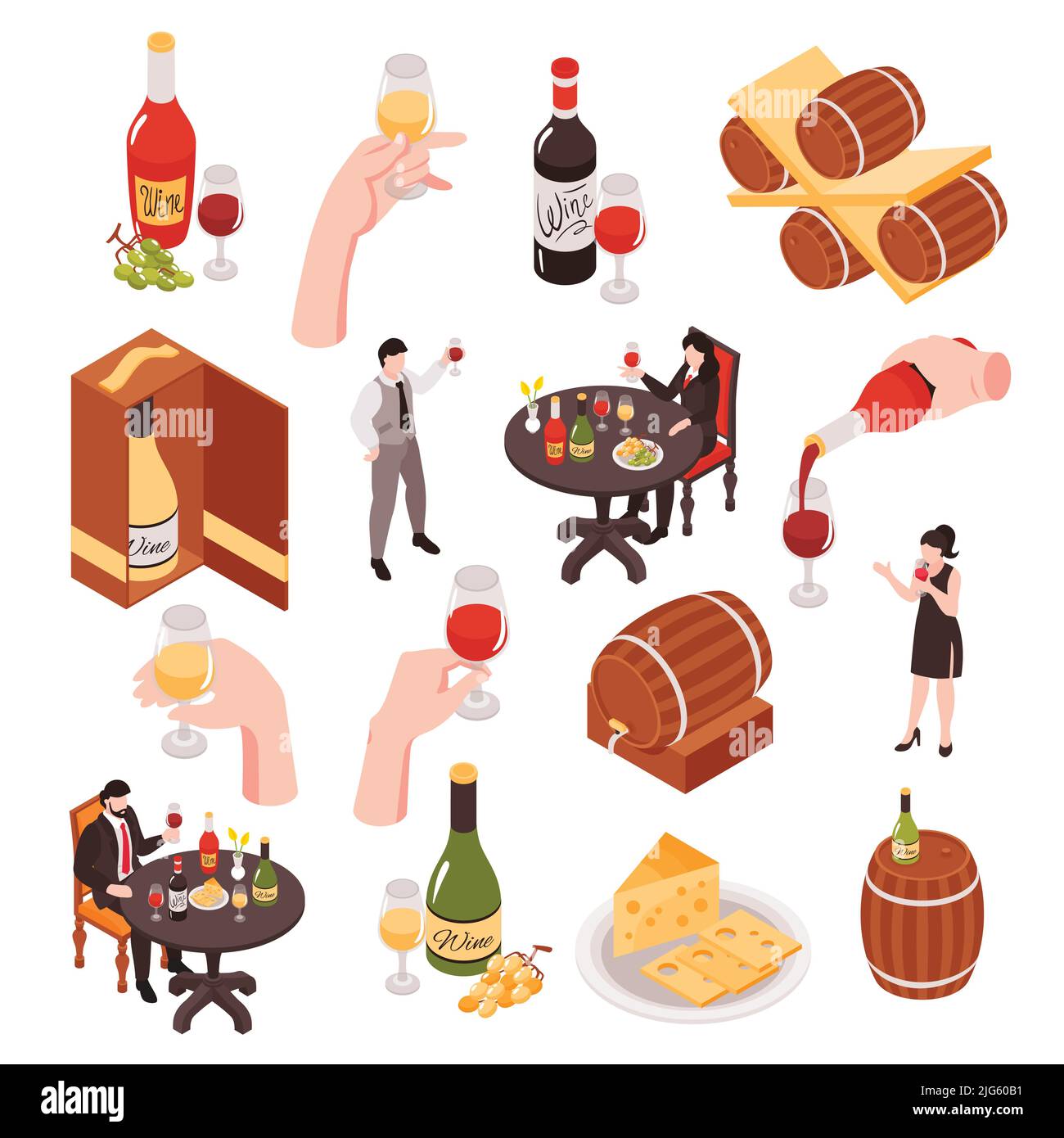 Wine cellar tasting isometric set visitors sommelier pouring white red ...