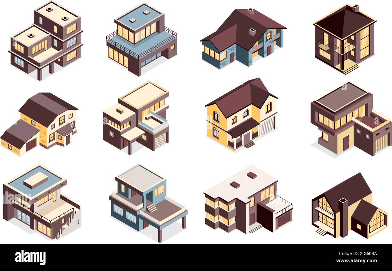 Suburban houses isometric set with cottages wooden deck garage modern voluminous elements traditional buildings isolated vector illustration Stock Vector