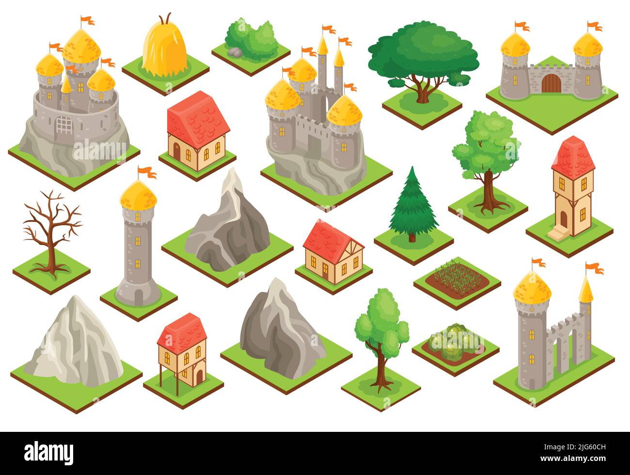 Isometric icons set of medieval castle towers gate city houses trees bushes rocks isolated on white background 3d vector illustration Stock Vector