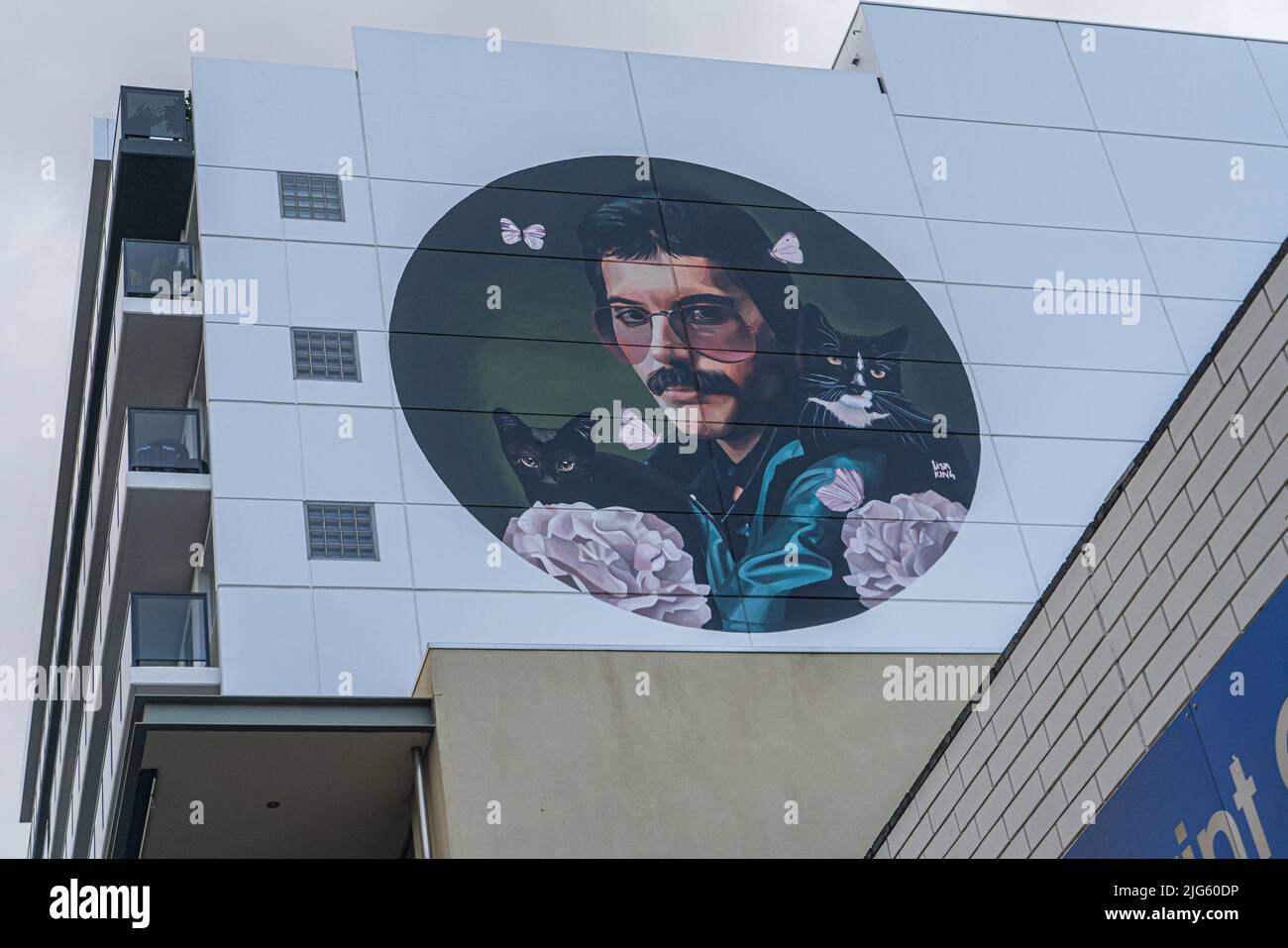 7 July 2022. A  mural of Freddie Mercury by Lisa King, in Adelaide, Australia Stock Photo