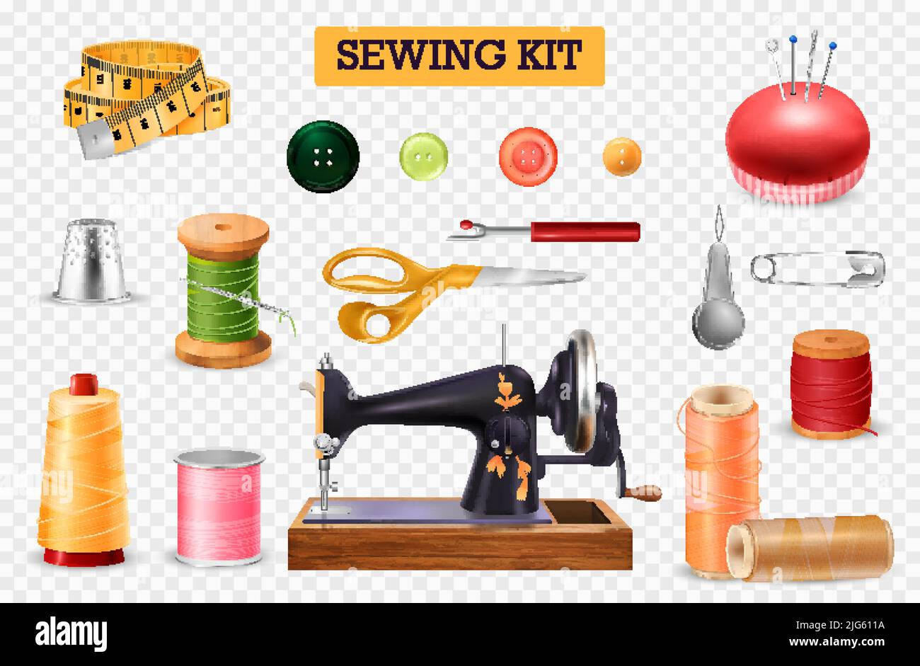 Sewing machine transparent set with needles and thread realistic ...