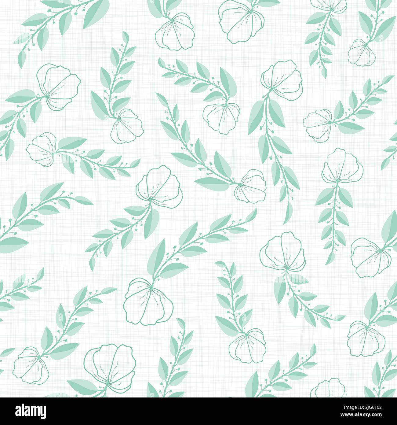 Sea green vector floral branches textured background seamless repeat pattern Stock Vector