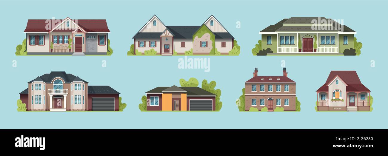 Set of suburban country houses models on a blue background flat vector illustration Stock Vector