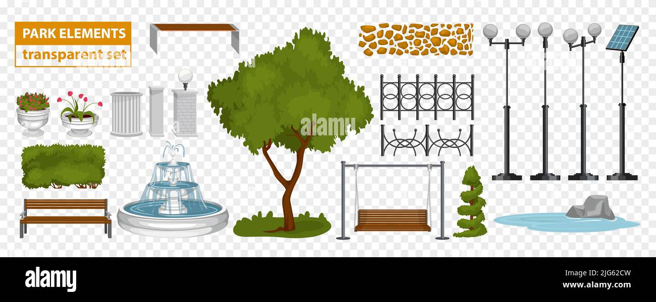 Park elements set on transparent background with isolated icons of lamp ...