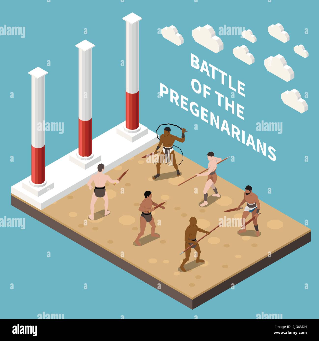 Roman gladiators isometric background demonstrated battle of pregenarians with wooden weapon vector illustration Stock Vector