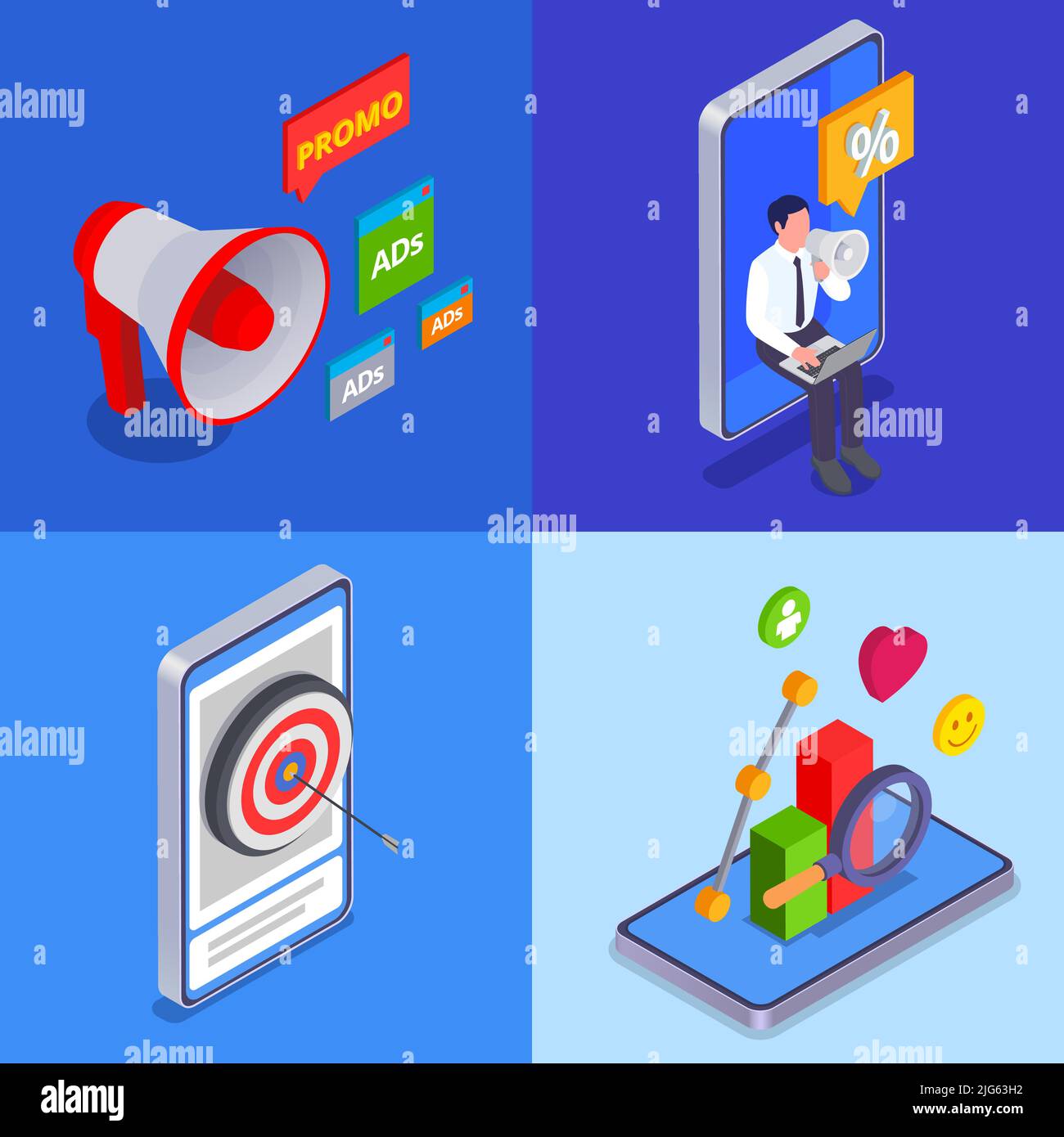 Four marketing technologies isometric icon set loudspeaker online sale likes charts and increased sales descriptions vector illustration Stock Vector