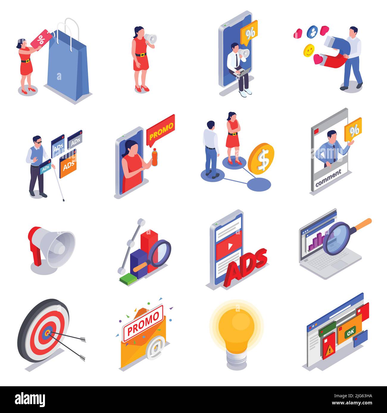 Marketing technologies isometric icon set girl in a red dress and bag from sale with loudspeaker in his hands promotional products man with magnet and Stock Vector