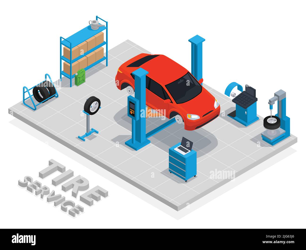 Tire production service isometric concept with tire service description and technical tools and