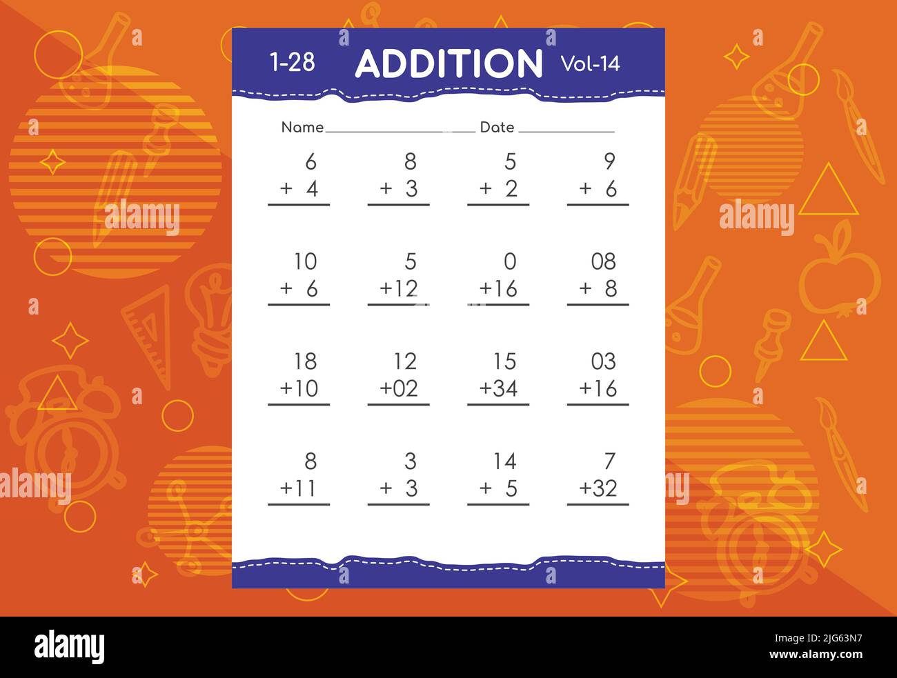 Math Addition Worksheets Vector Stock Basic math addition for kids. An educational worksheet for kids. Vector ...