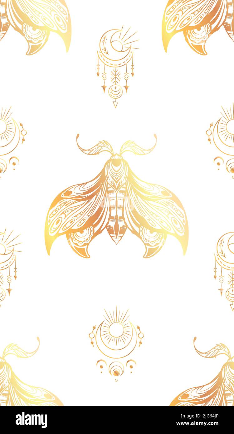 Vector seamless luxury pattern with drawing night butterfly with boho ...