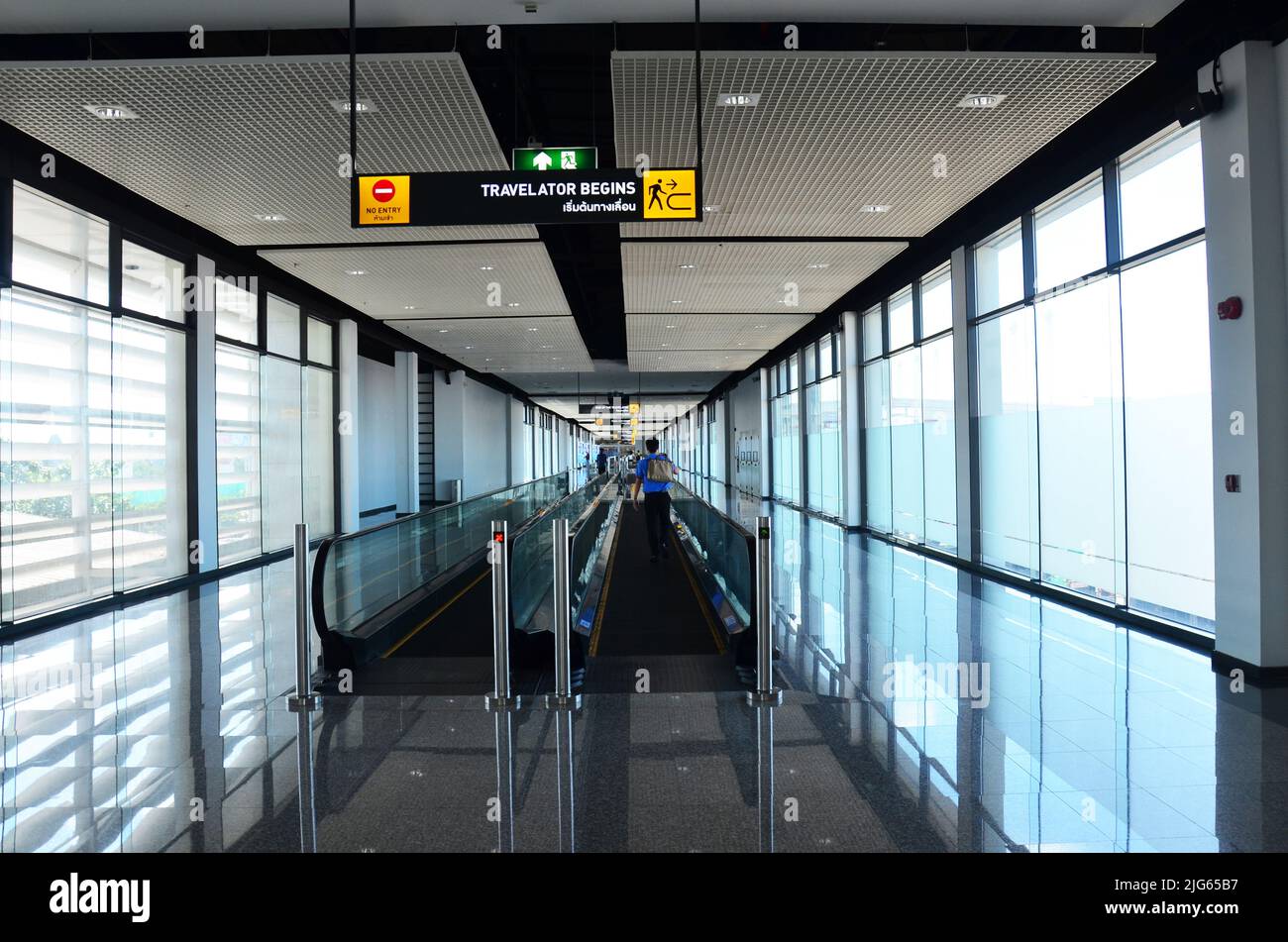 Interior modern design walkway or footpath with escalator in luxury ...