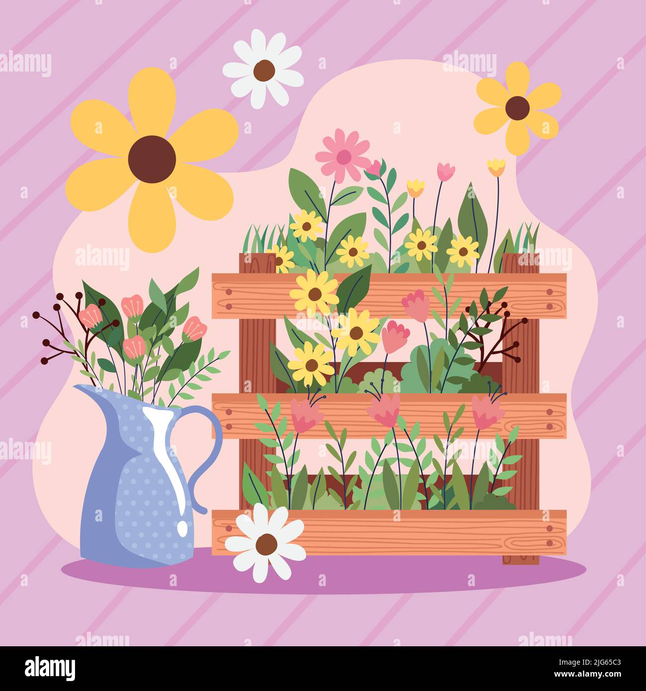 gardening flowers in basket with jar Stock Vector Image & Art - Alamy