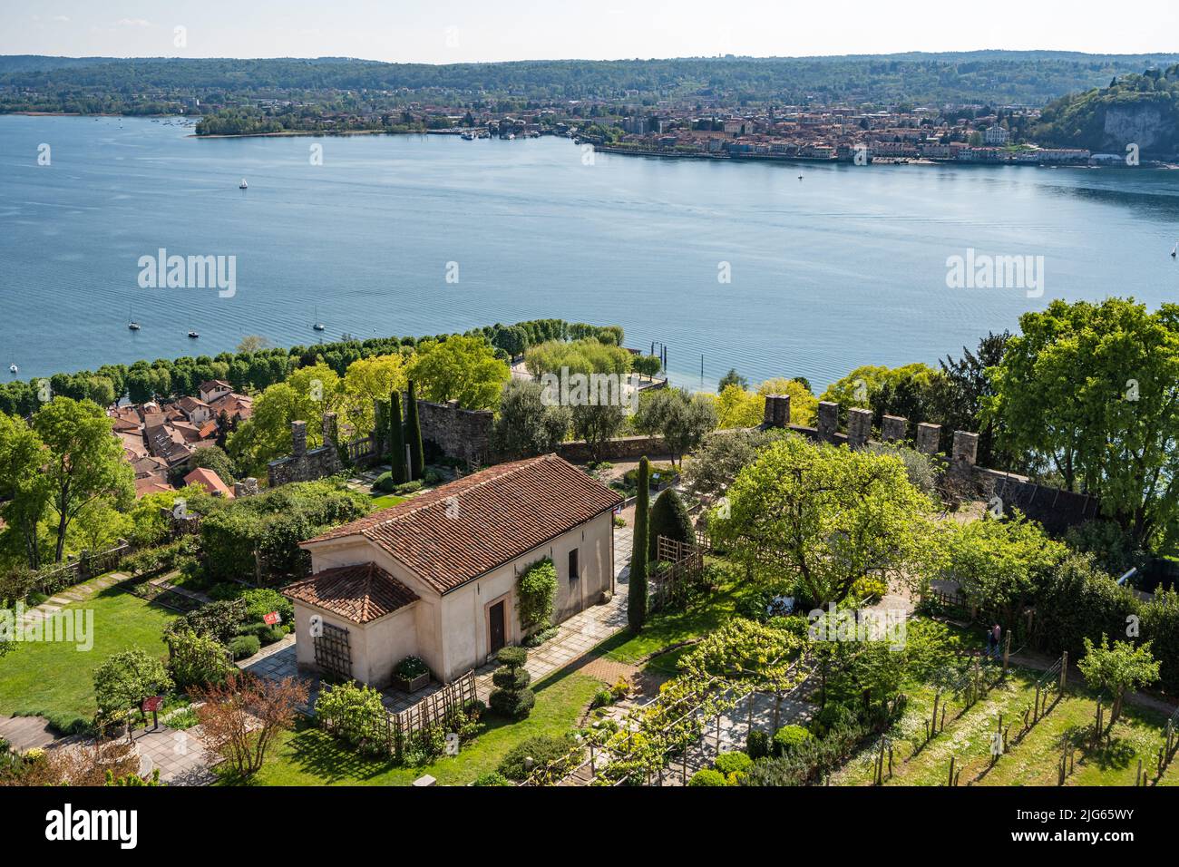 The gardens of the Rocca di Angera and the Lake Maggiore viewed from the tower, Angera, Lombardy, Italy Stock Photo