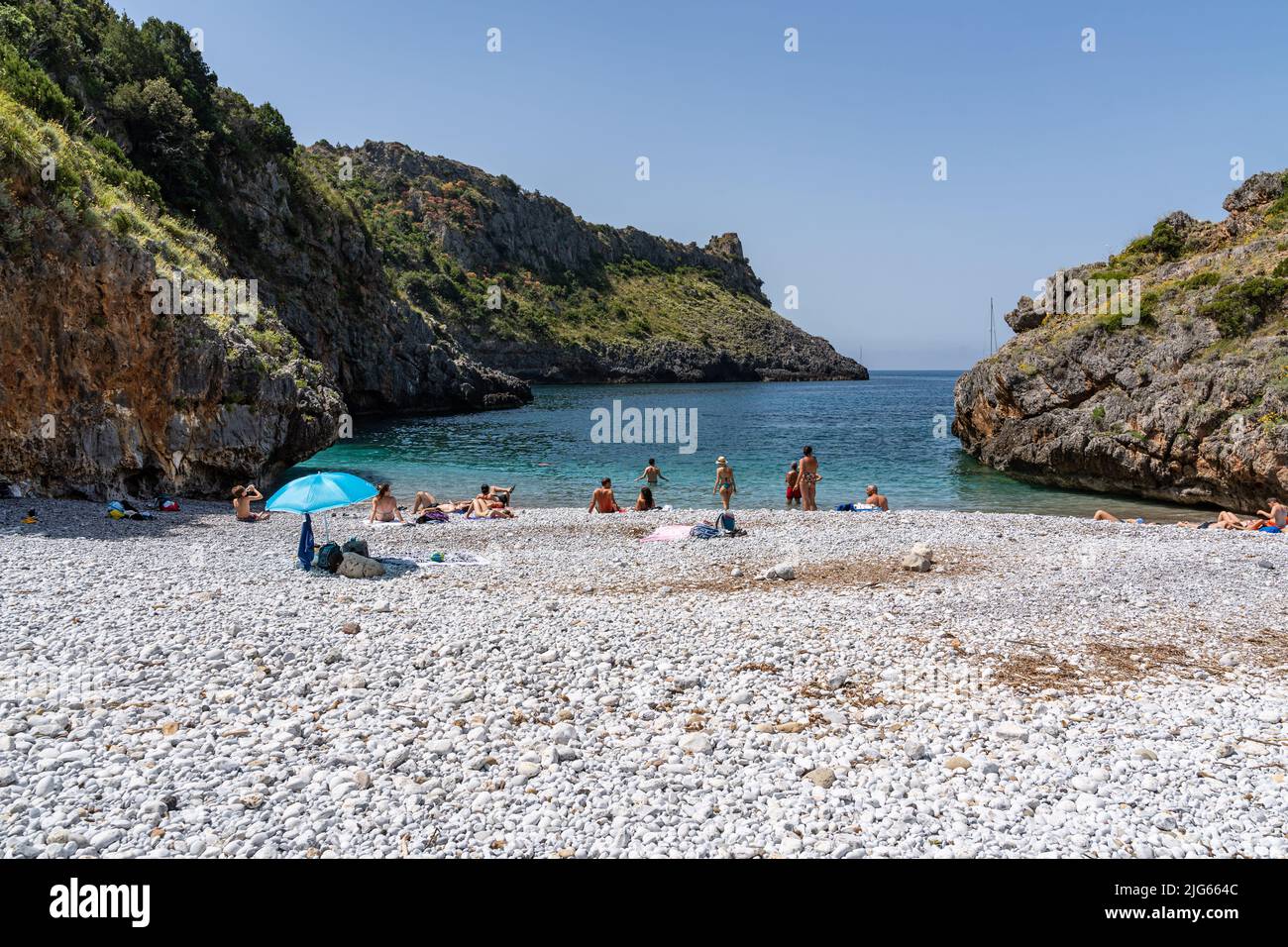 View of Cala Bianca beach at Cilento National Park, one of the most beautiful beach in Italy. Marina di Camerota, Campania, Italy, June 2022 Stock Photo