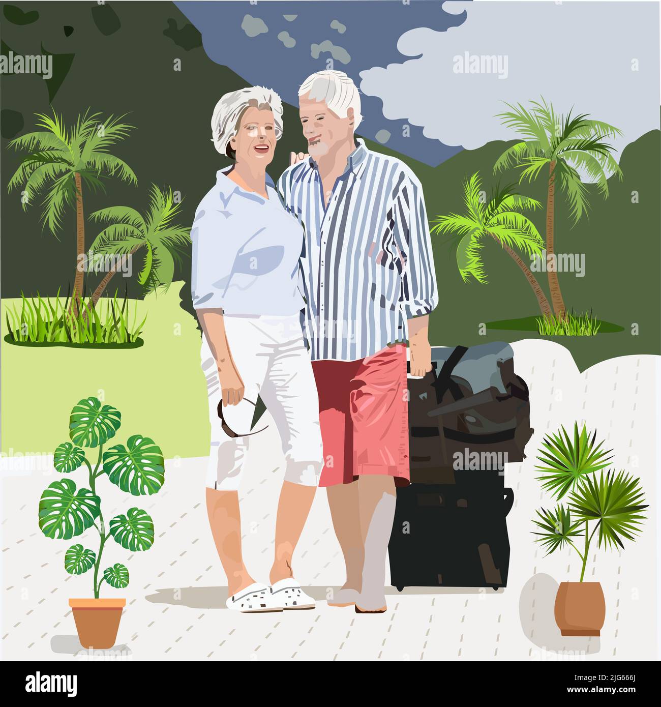 Illustration of an Elderly Couple Traveling Together with Luggage Stock Vector