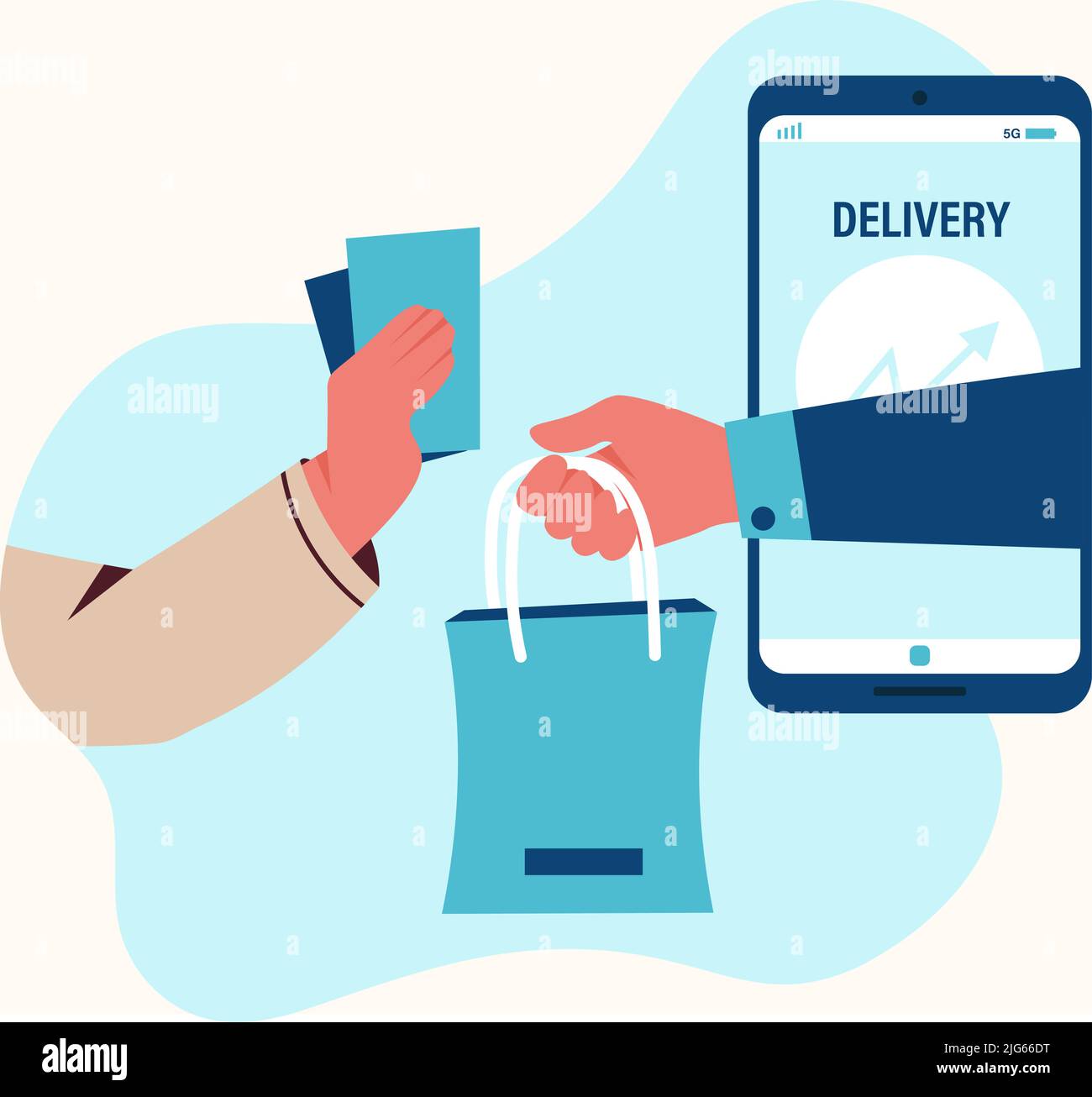 Delivery of goods in hand and give money immediately and in the background the application Stock Vector
