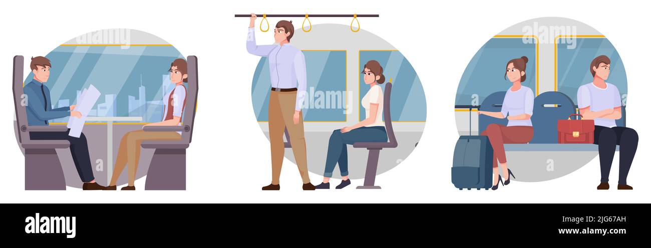 Public transport isolated compositions set with people riding in train ...