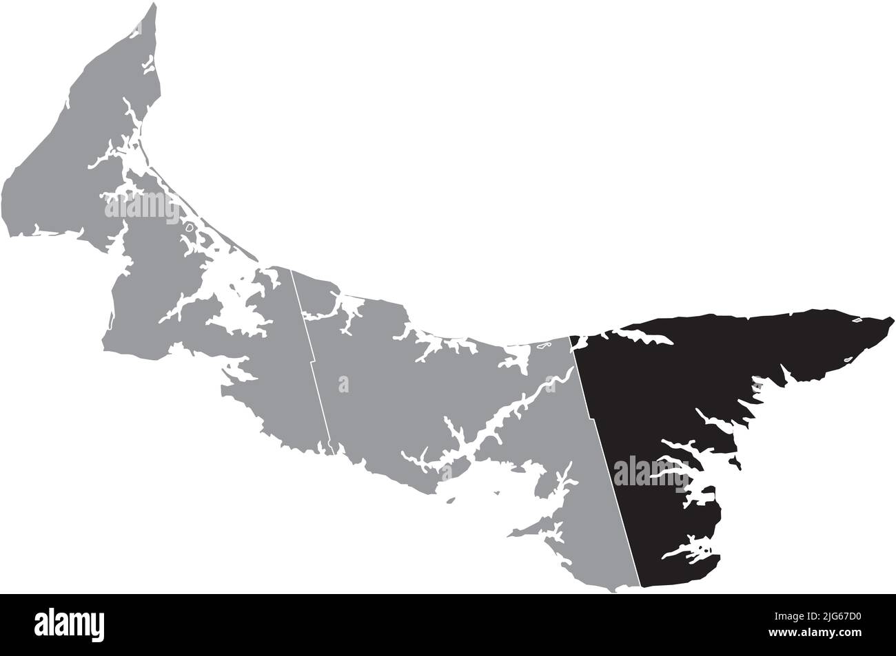 Black flat blank highlighted location map of the KINGS COUNTY inside gray administrative map of counties of Canadian province of Prince Edward Island, Stock Vector