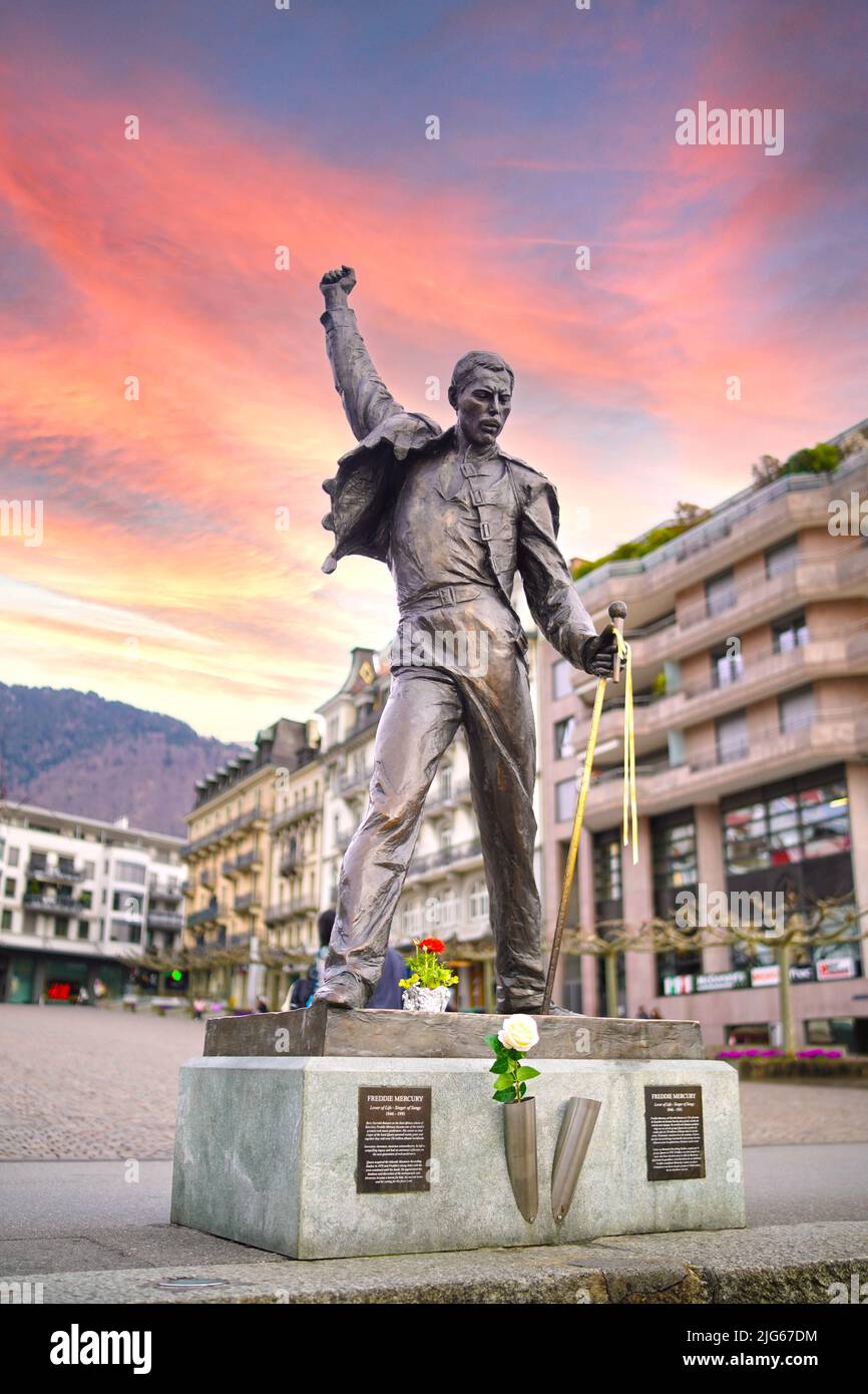 MONTREUX, SWITZERLAND : A statue of Freddie Mercury, a british rockstar and the singer of Queen, locate at Geneva lake, Montreux Stock Photo