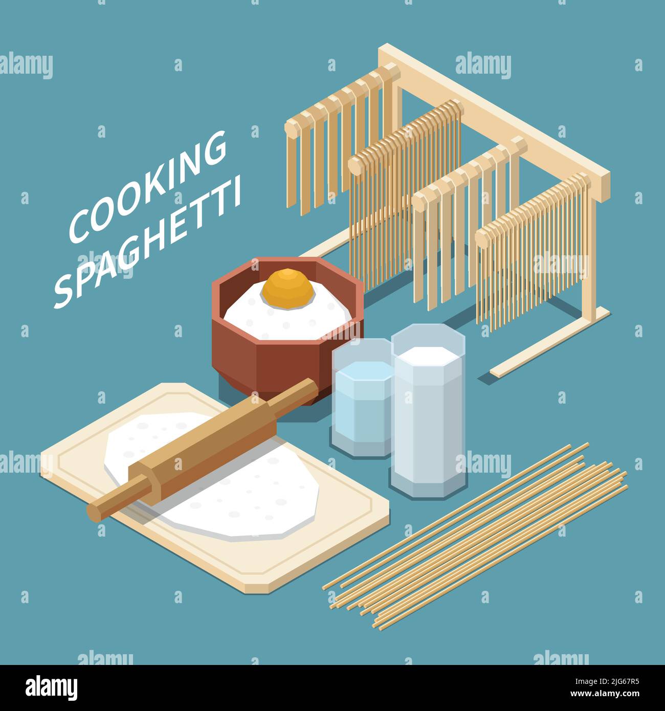 Macaroni pasta production isometric composition with ingredients for