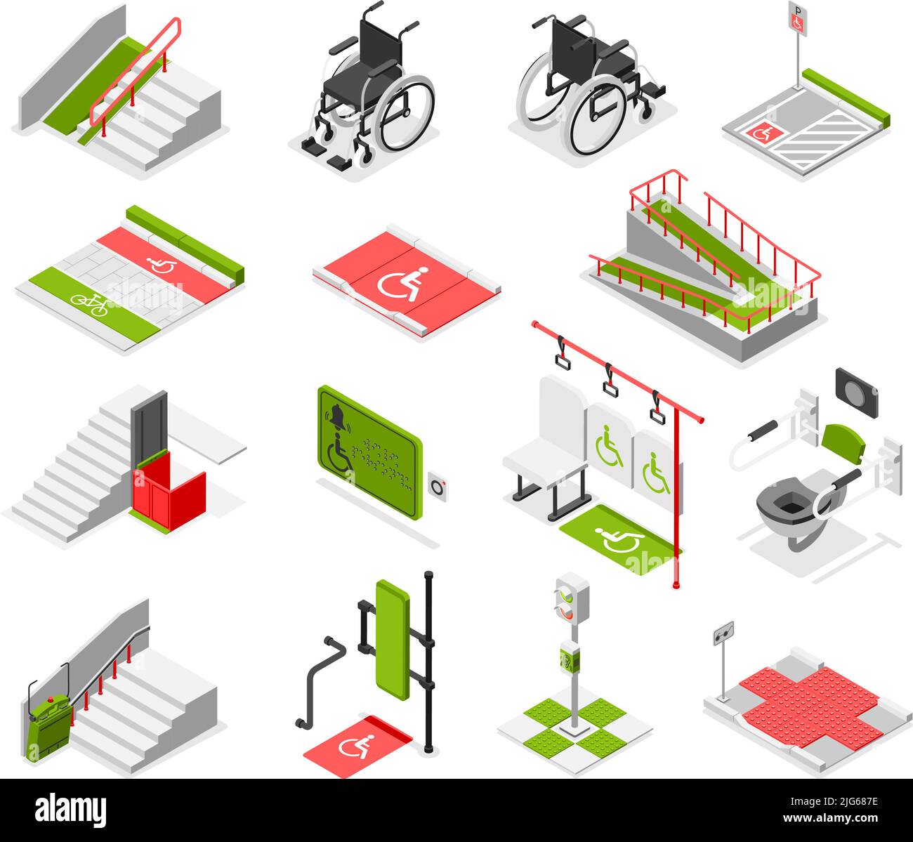 Isometric accessible environment set with wheelchairs and various places in city equipped with devices for disabled people isolated vector illustratio Stock Vector