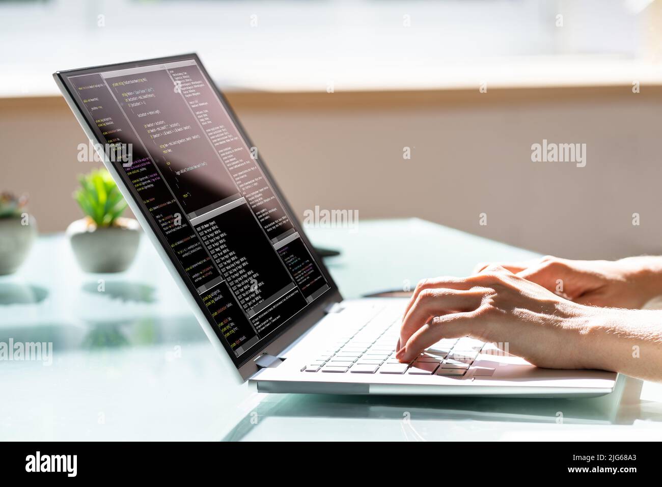 Programmer Woman Coding On Computer. Coder Girl Stock Photo - Alamy