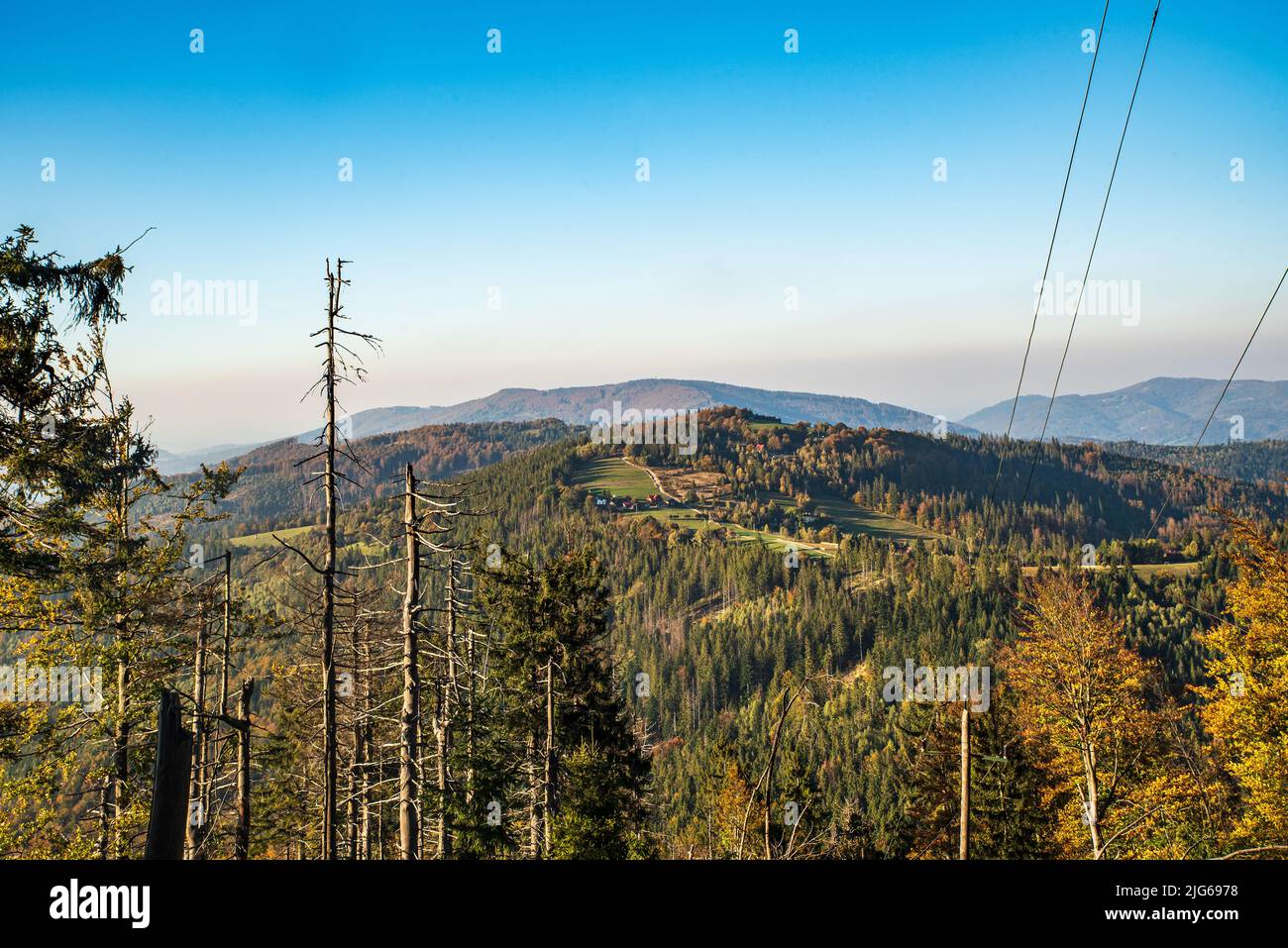 Autumn Slezske Beskydy from former hiking trail bellow Velky Stozek hill summit on czech - polish borders Stock Photo